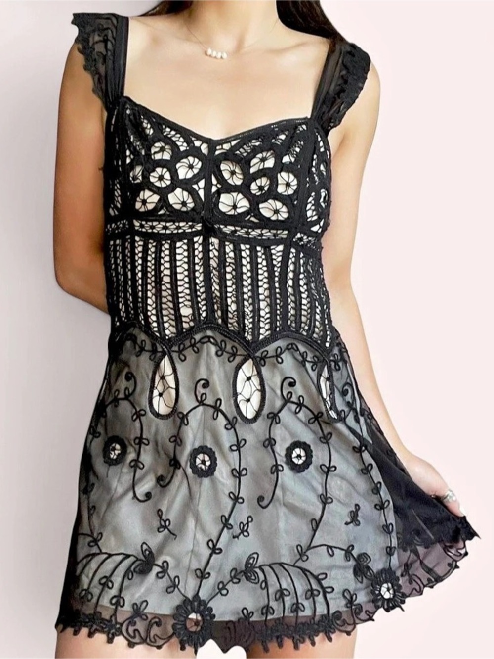 Vintage Y2K Betsey Johnson Black Lace Silk Babydoll Mini Dress 4